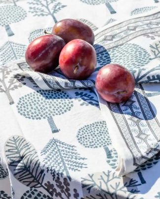Blue and grey tree design block printed tablecloth on 100% pure white cotton
