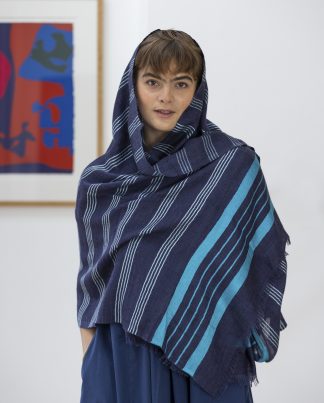Navy wool scarf with blue and grey stripes