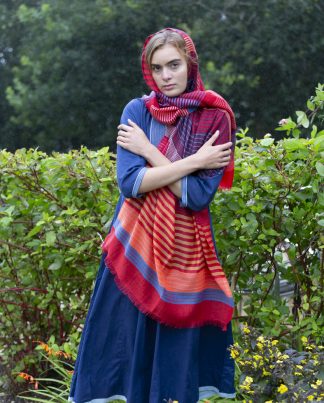 Large wool scarf with silk stripes