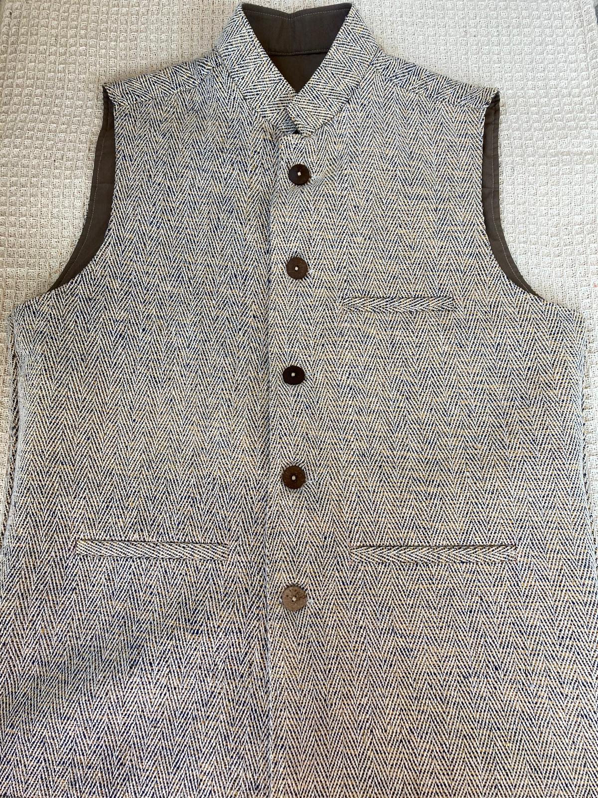 Handloomed Cotton Nehru Waistcoat - Herringbone - Image 4