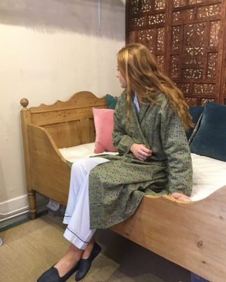 green dressing gown with berry