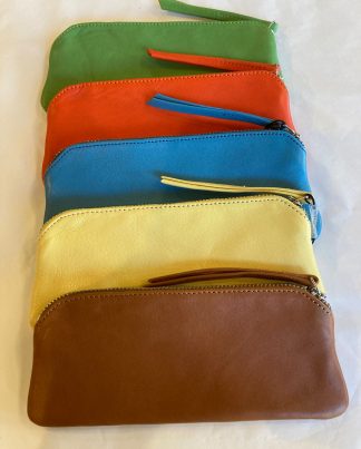 Leather spectacle cases in green, orange, blue, yellow and tan