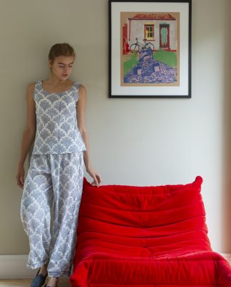 Size 10 model wearing cotton vest style pyjamas
