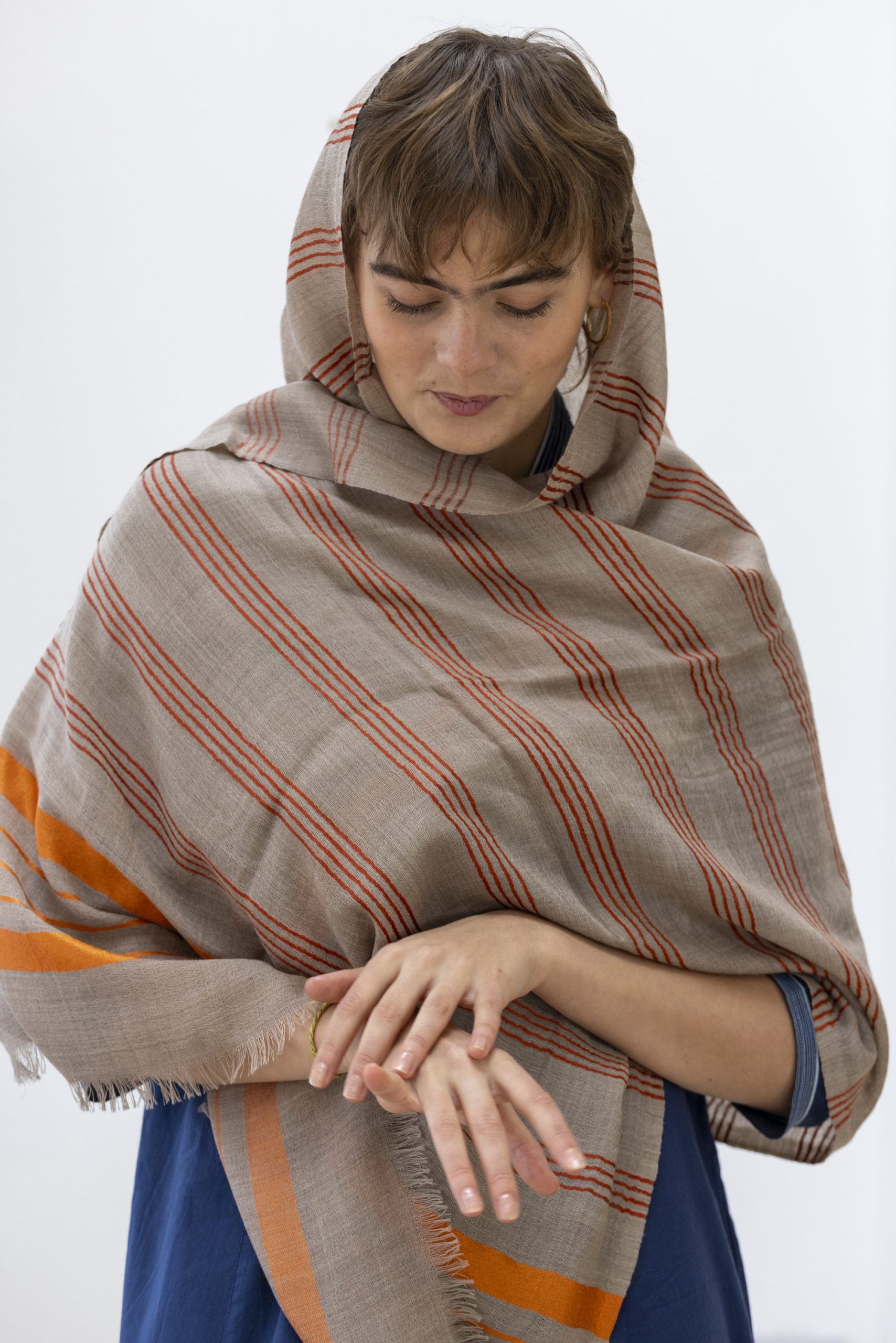 Wool Scarf - Beige with Orange Silk Stripe - Image 2