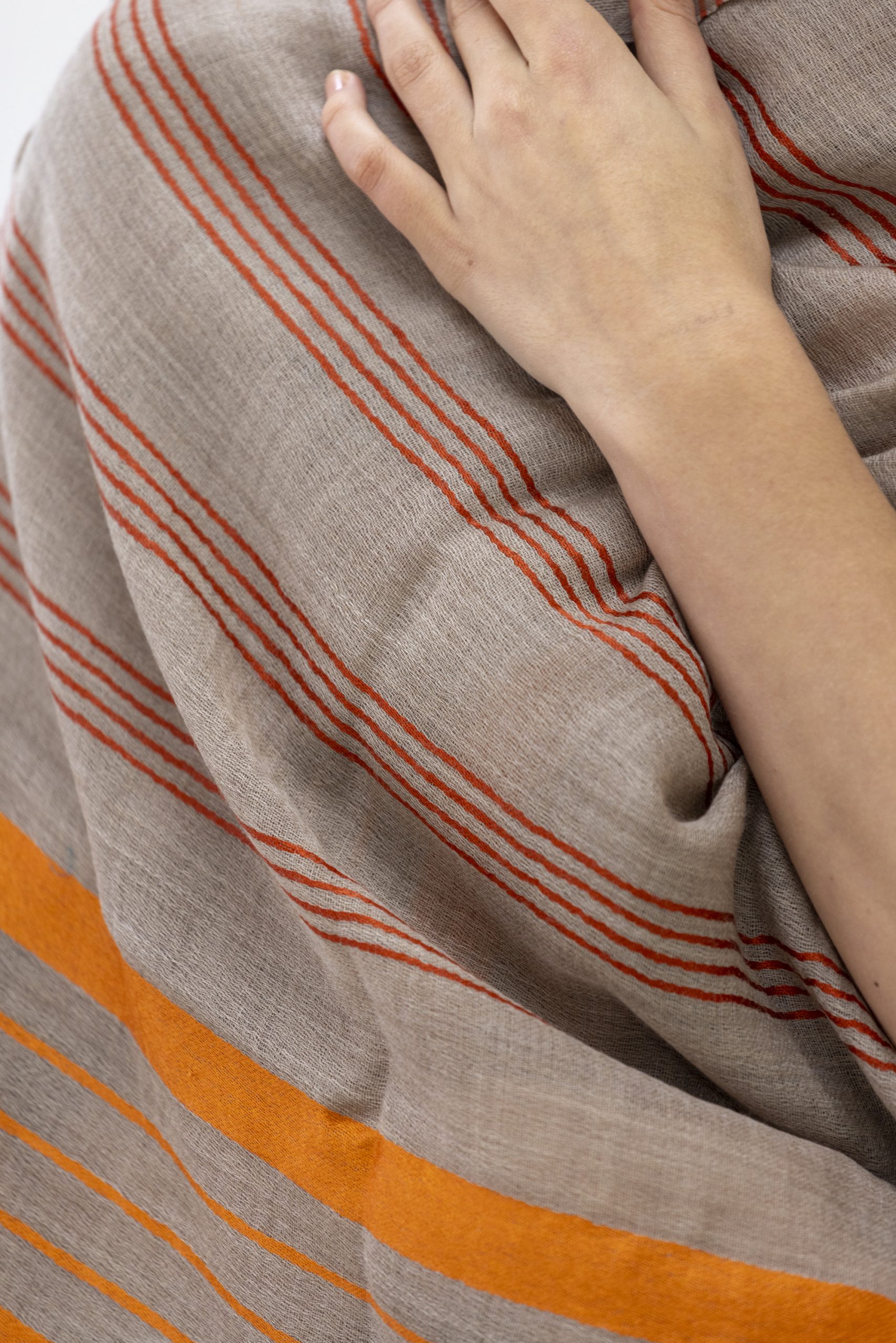 Wool Scarf - Beige with Orange Silk Stripe - Image 3