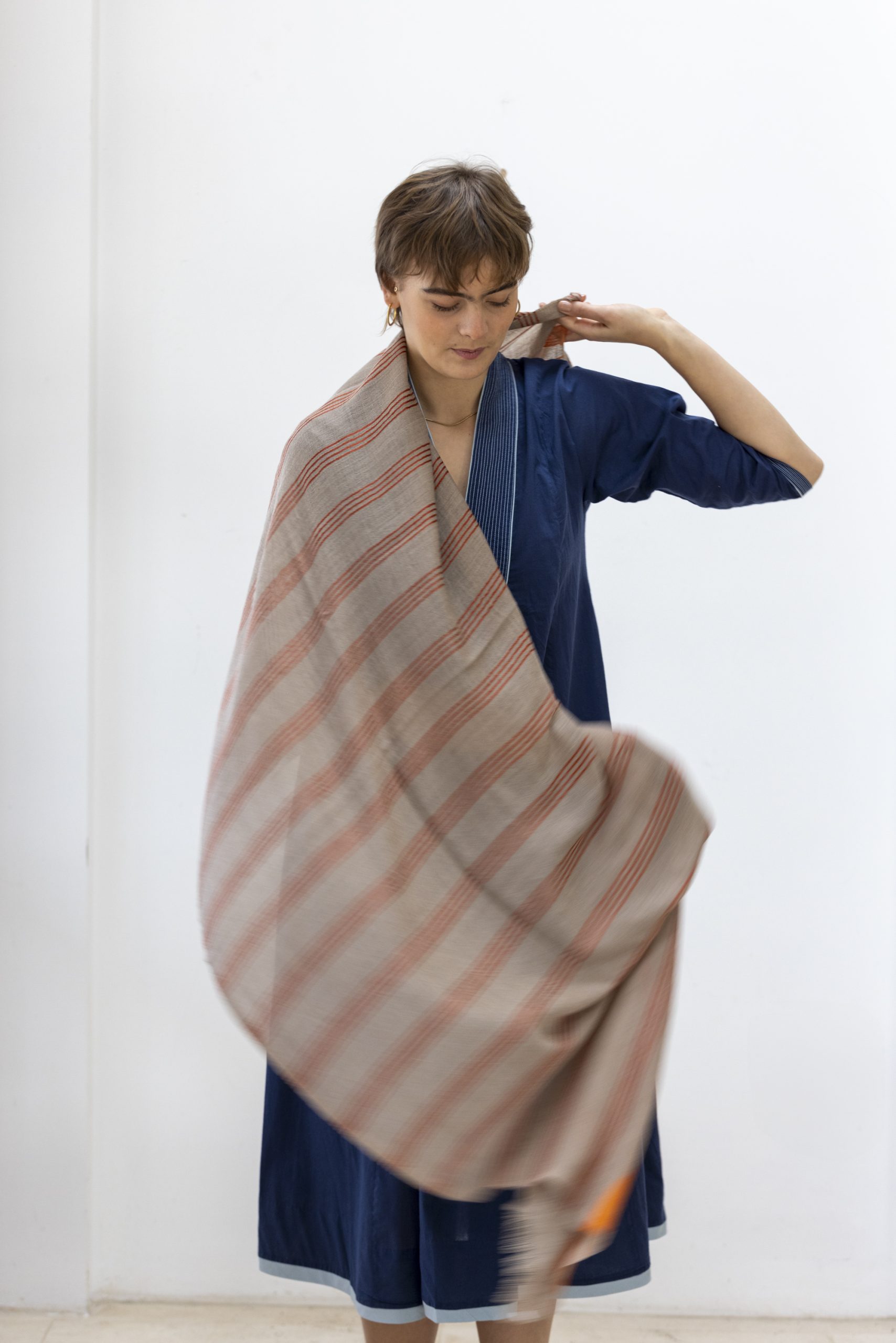 Wool Scarf - Beige with Orange Silk Stripe - Image 5