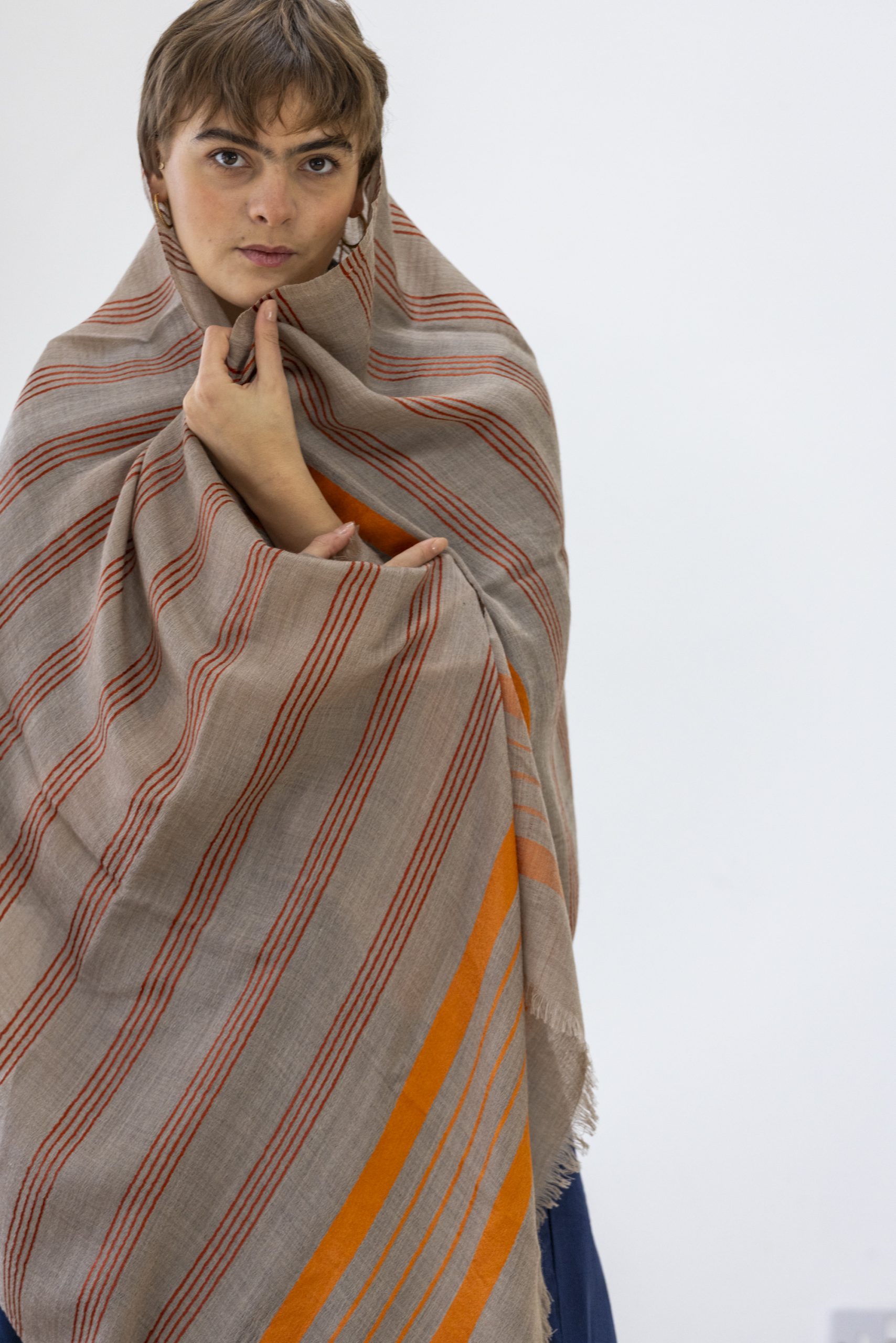 Wool Scarf - Beige with Orange Silk Stripe - Image 6