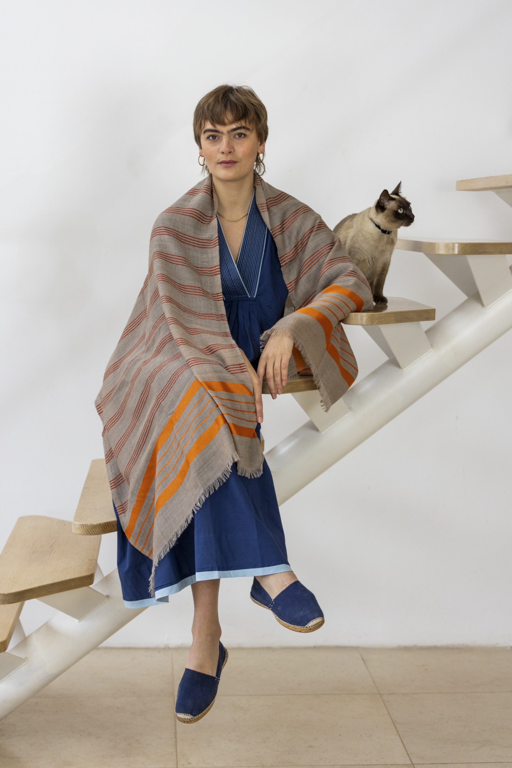 Wool Scarf - Beige with Orange Silk Stripe - Image 8