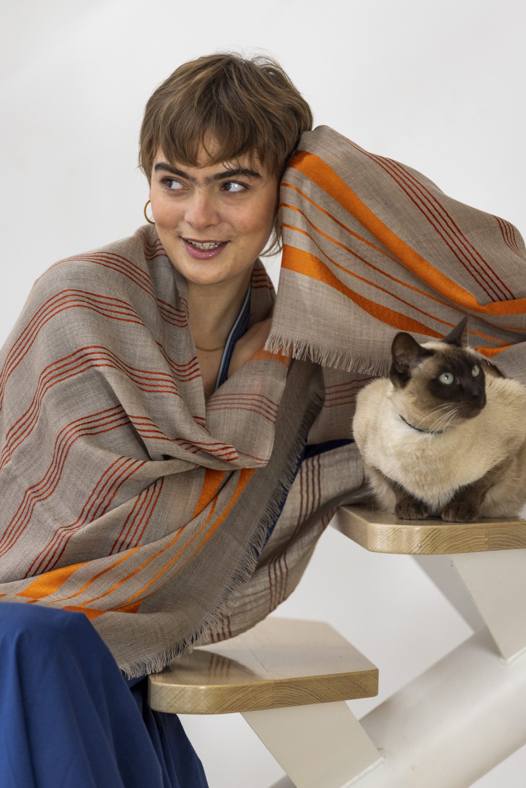 Wool Scarf - Beige with Orange Silk Stripe - Image 9